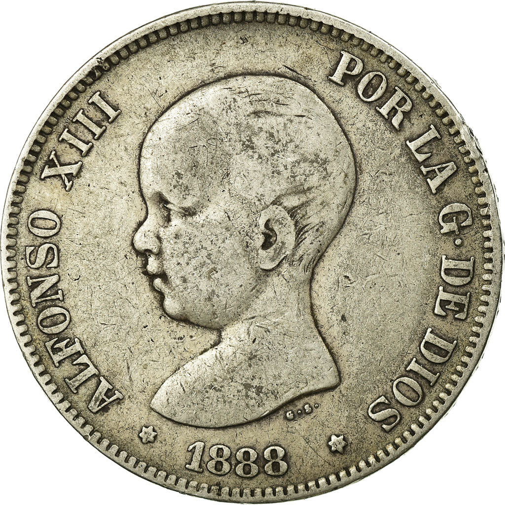 Monnaie, Espagne, Alfonso XIII, 5 Pesetas, 1888, Madrid, TB+, Argent, KM:689