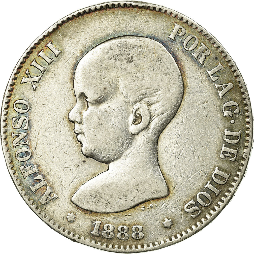 Moneda, España, Alfonso XIII, 5 Pesetas, 1888, Madrid, BC+, Plata, KM:689