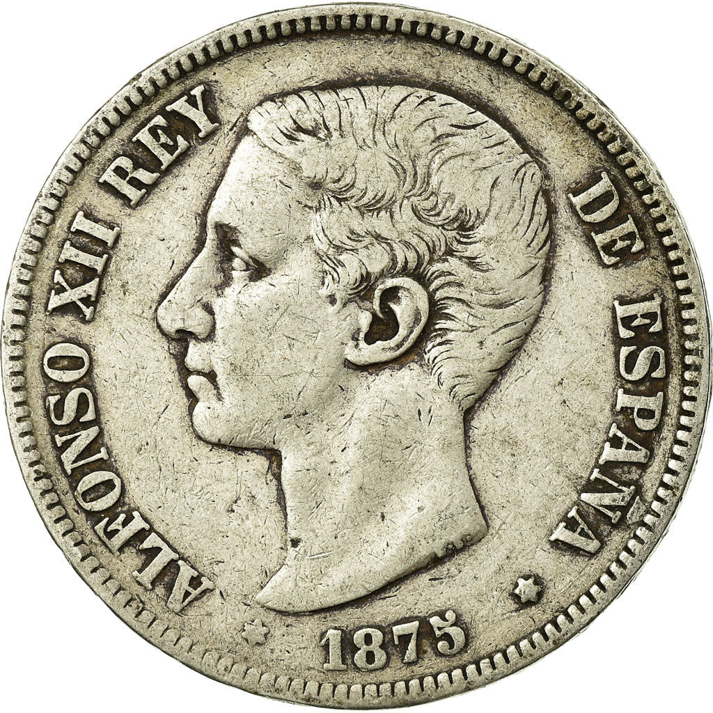 Moneta, Spagna, Alfonso XII, 5 Pesetas, 1875, MB, Argento, KM:671