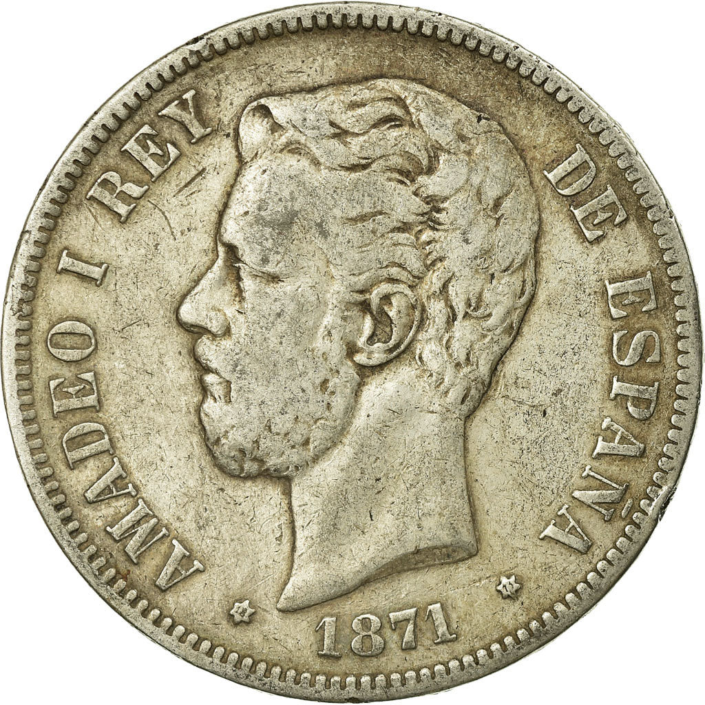 Moneta, Spagna, Amadeao I, 5 Pesetas, 1871, Madrid, MB+, Argento, KM:666