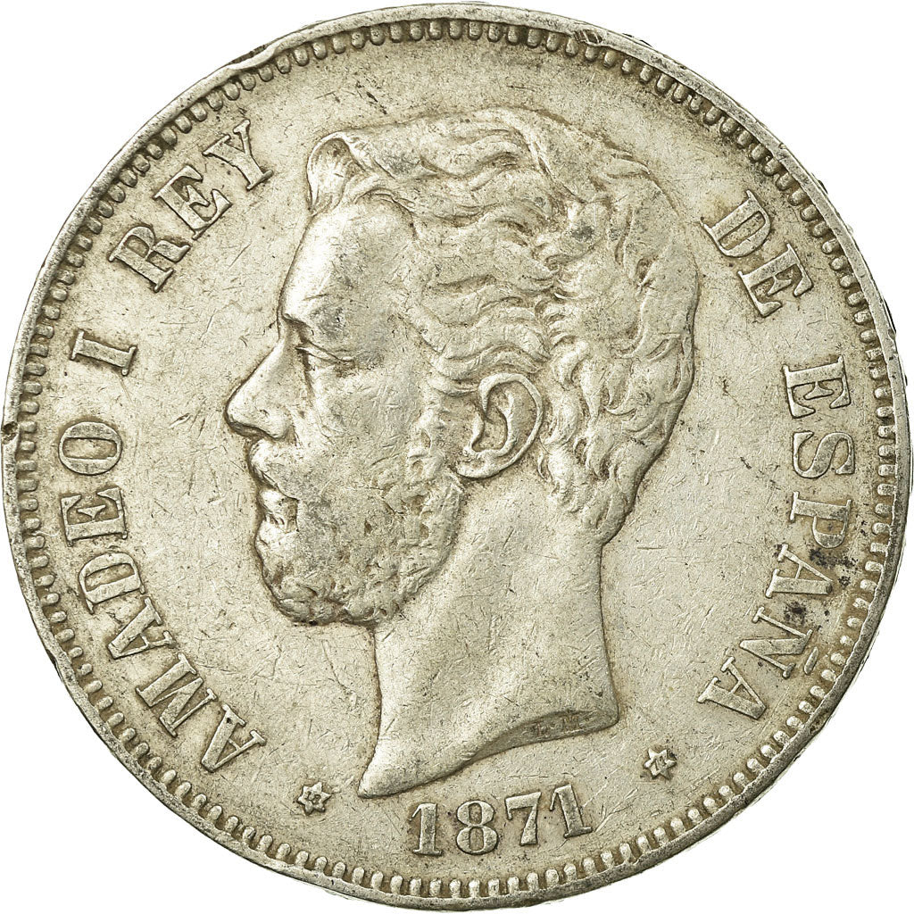 Munten, Spanje, Amadeao I, 5 Pesetas, 1871, Madrid, FR+, Zilver, KM:666
