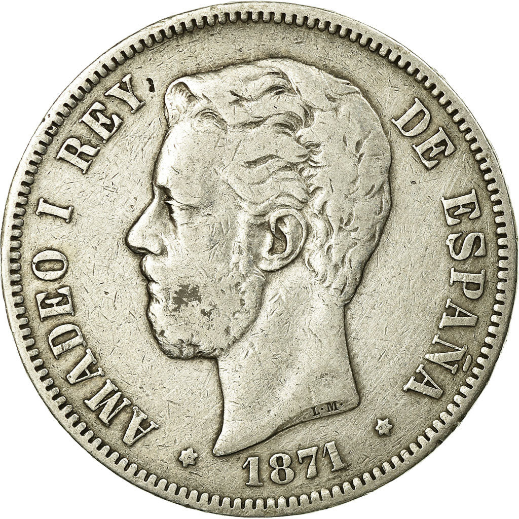 Coin, Spain, Amadeao I, 5 Pesetas, 1871, Madrid, VF(30-35), Silver, KM:666