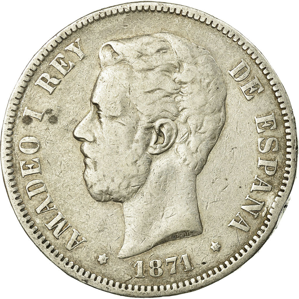 Coin, Spain, Amadeao I, 5 Pesetas, 1871, Madrid, VF(20-25), Silver, KM:666