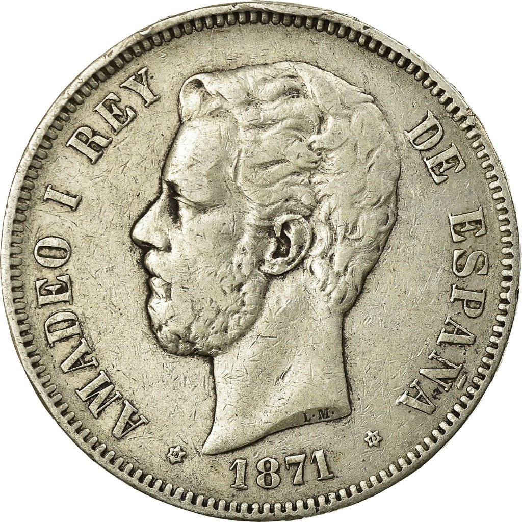 Monnaie, Espagne, Amadeao I, 5 Pesetas, 1871, Madrid, TB+, Argent, KM:666