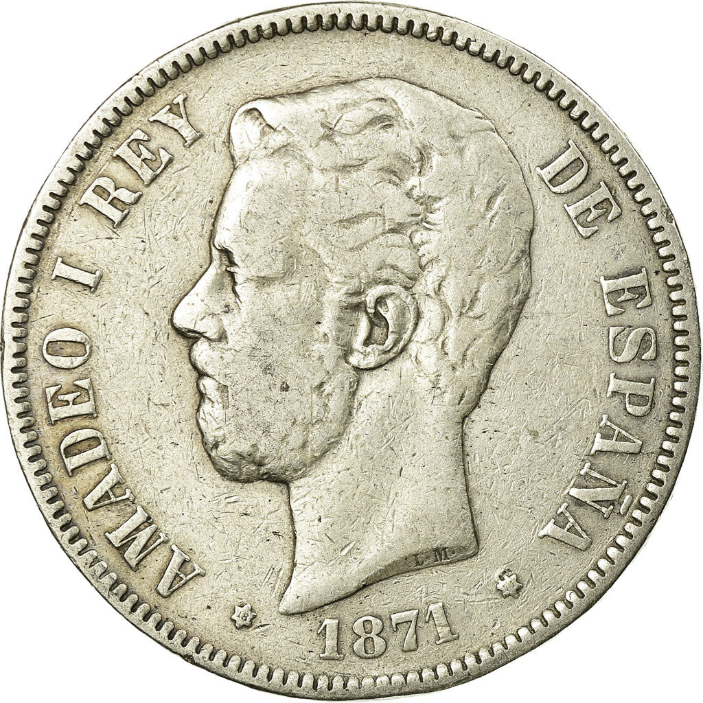 Coin, Spain, Amadeao I, 5 Pesetas, 1871, Madrid, VF(30-35), Silver, KM:666