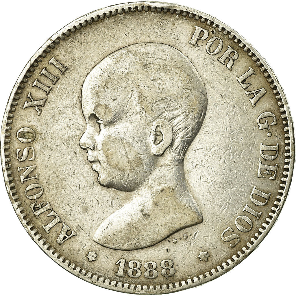 Moneta, Spagna, Alfonso XIII, 5 Pesetas, 1888, Madrid, MB+, Argento, KM:689