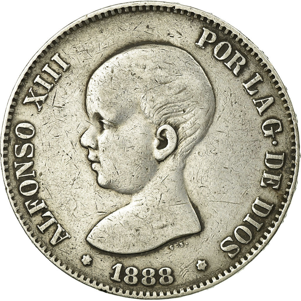 Monnaie, Espagne, Alfonso XIII, 5 Pesetas, 1888, Madrid, TB+, Argent, KM:689
