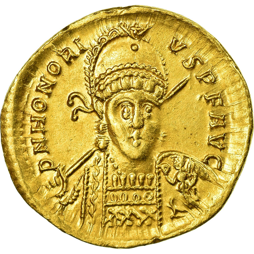Moneta, Honorius, Solidus, Thessalonica, Rare, SPL, Oro, RIC:348