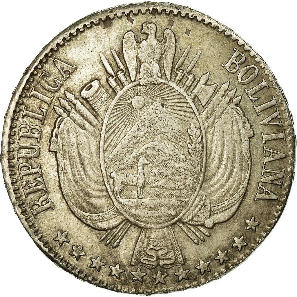 Moneda, Bolivia, Boliviano, 1868, MBC, Plata, KM:152.2