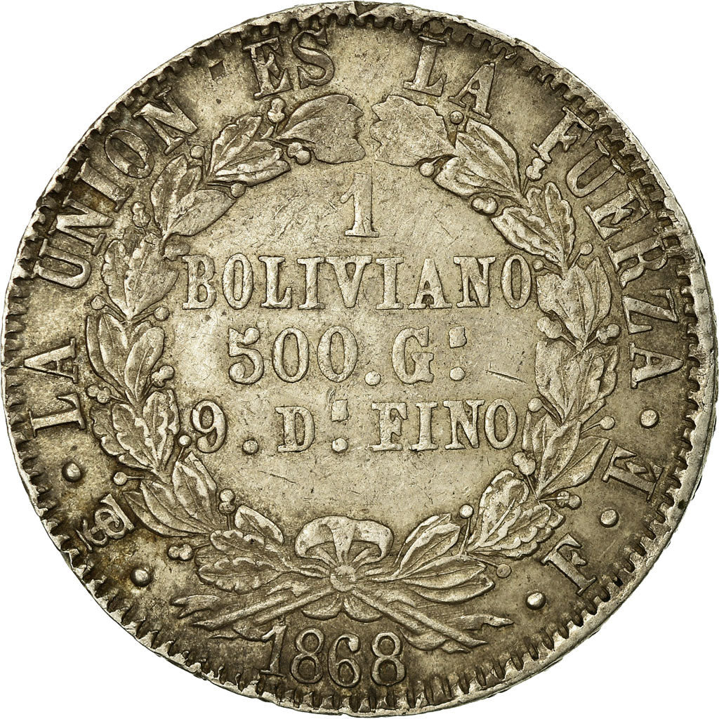 Moneda, Bolivia, Boliviano, 1868, MBC, Plata, KM:152.2