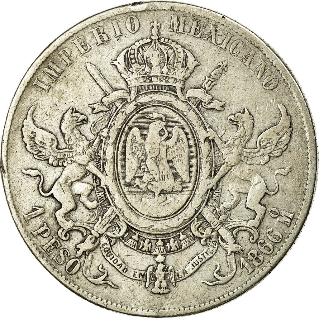 Coin, Mexico, Maximilian, Peso, 1866, Mexico City, VF(30-35), Silver, KM:388.1