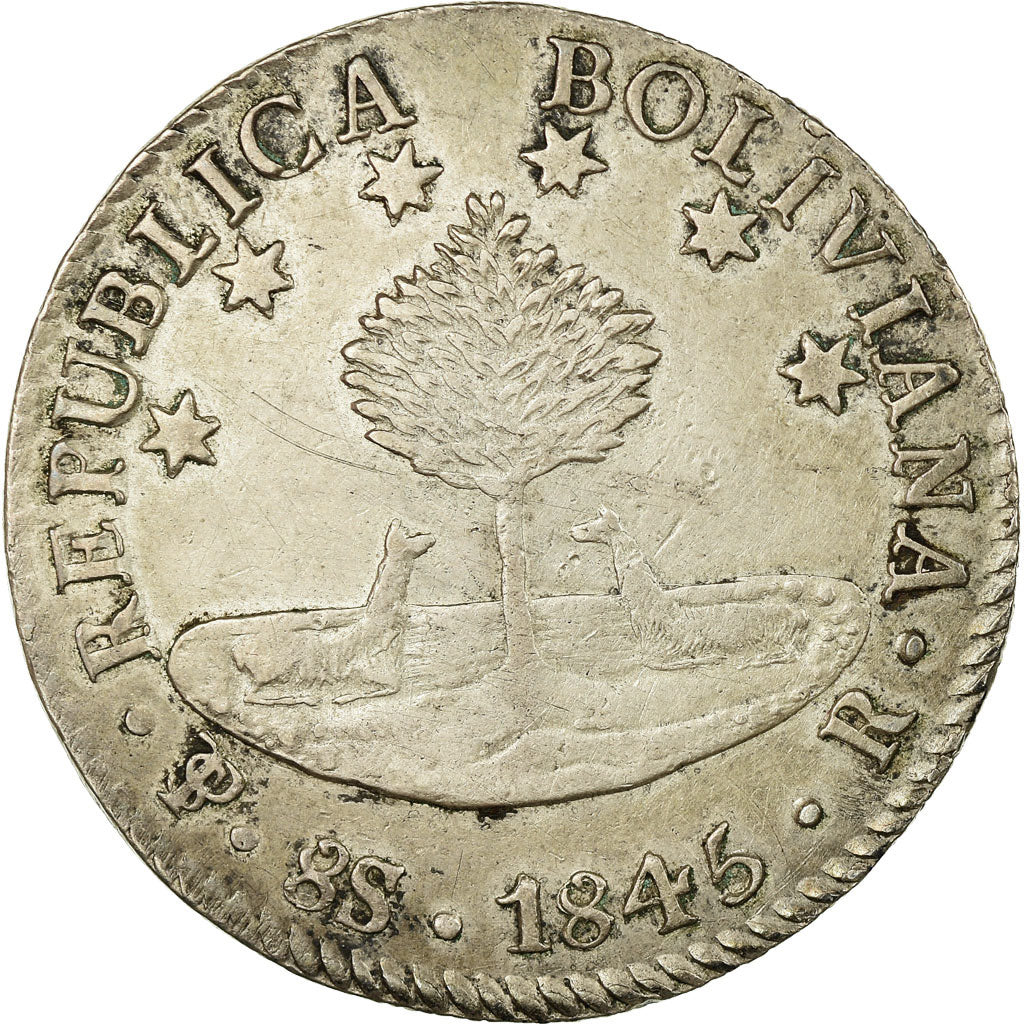 Moneda, Bolivia, 8 Soles, 1845, Potosi, MBC+, Plata, KM:103