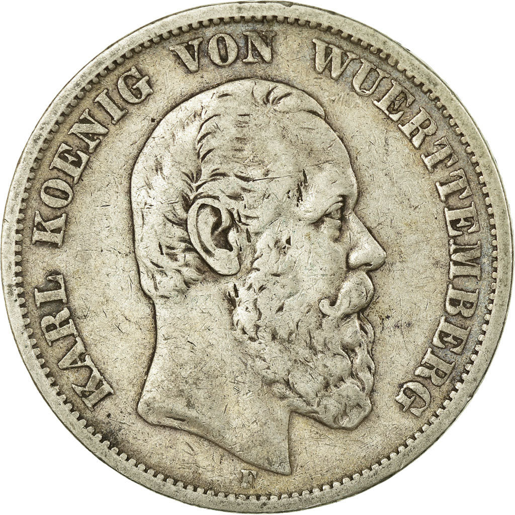 Coin, German States, WURTTEMBERG, Karl I, 5 Mark, 1876, Freudenstadt, VF(30-35)