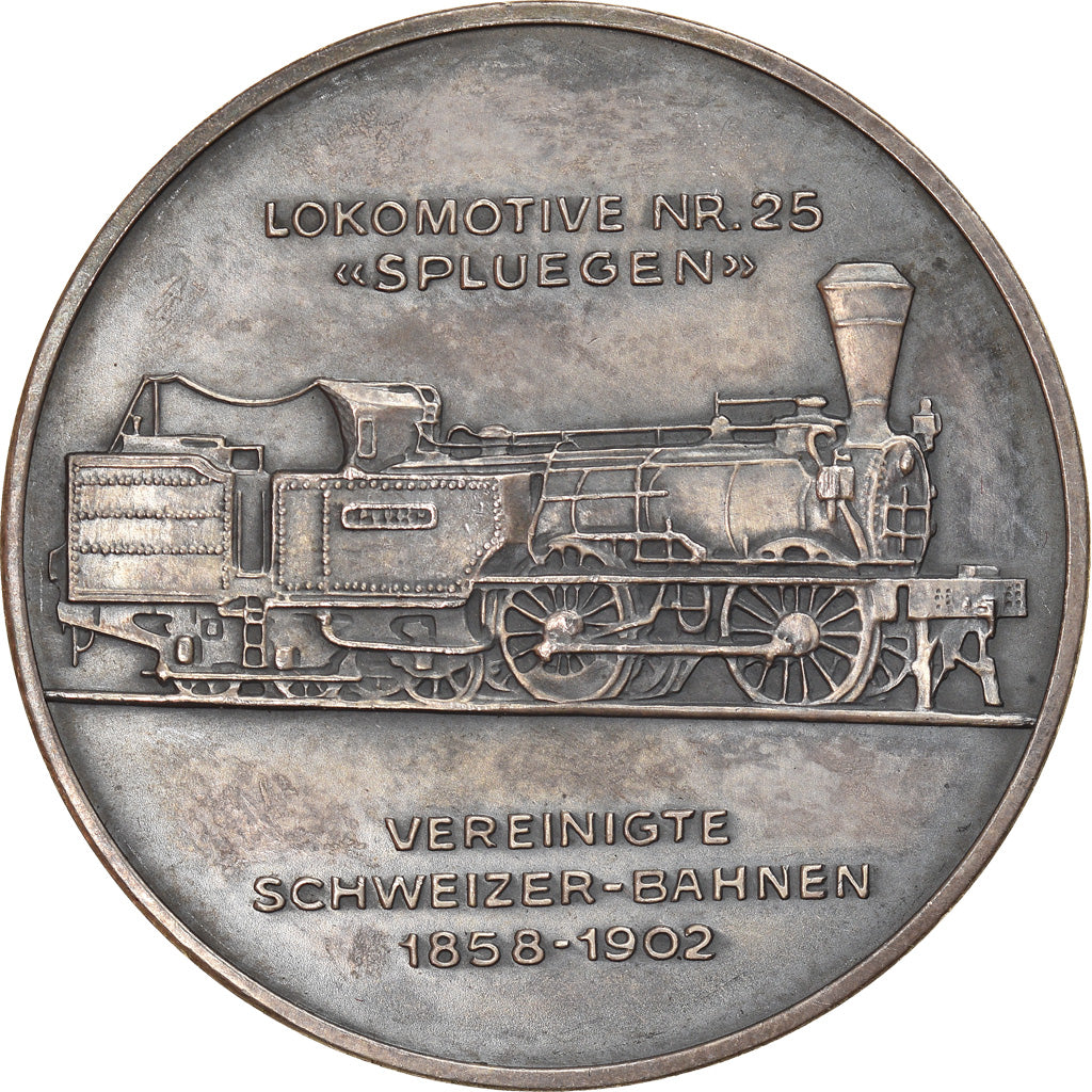 Switzerland, Medal, 125 Jahre Schweizer Eisenbahnen, Lokomotive Spluegen
