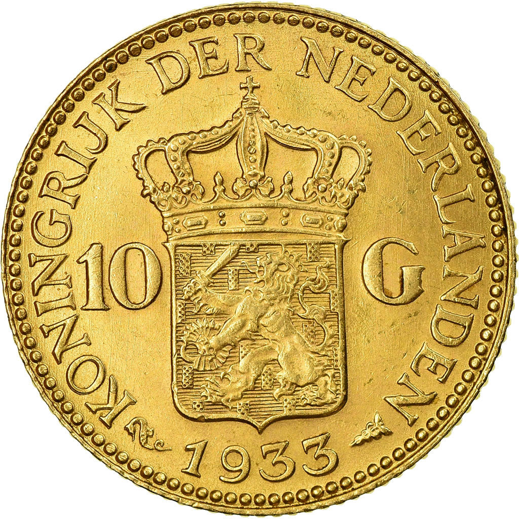 Coin, Netherlands, Wilhelmina I, 10 Gulden, 1933, MS(60-62), Gold, KM:162