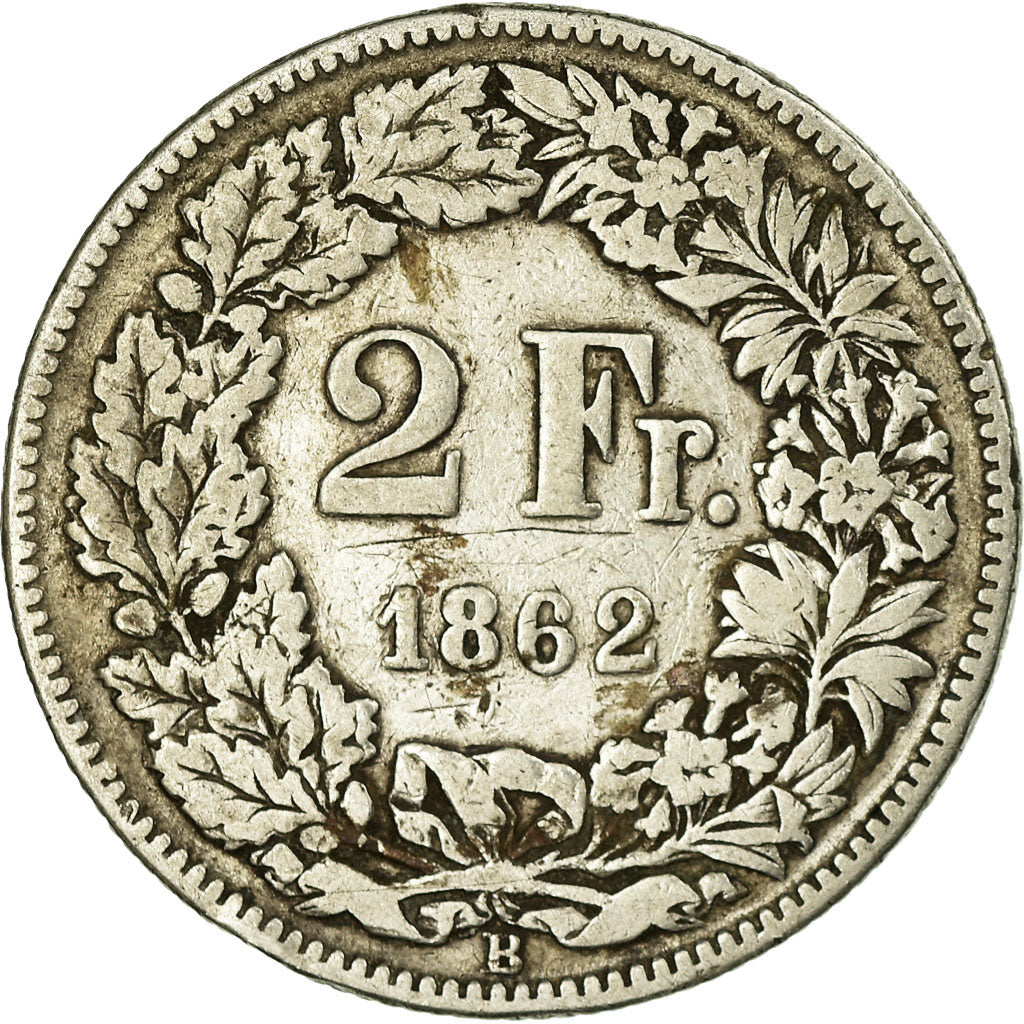 Coin, Switzerland, 2 Francs, 1862, Bern, VF(20-25), Silver, KM:10a