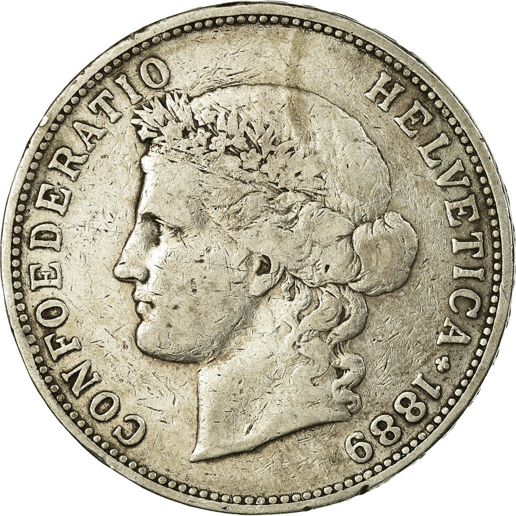 Coin, Switzerland, 5 Francs, 1889, Bern, VF(30-35), Silver, KM:34