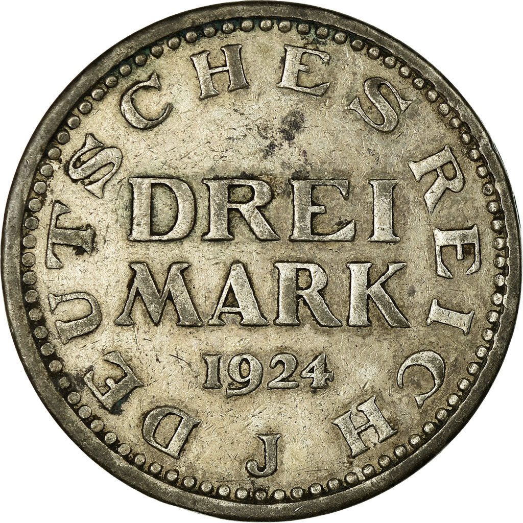 Coin, GERMANY, WEIMAR REPUBLIC, 3 Mark, 1924, Hamburg, EF(40-45), Silver, KM:43