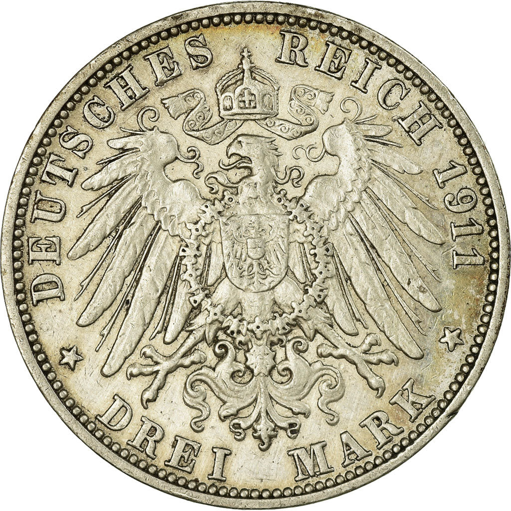 Coin, German States, BADEN, Friedrich II, 3 Mark, 1911, Stuttgart, VF(20-25)