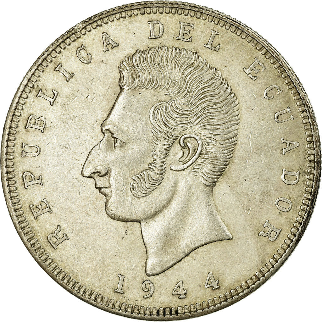 Coin, Ecuador, 5 Sucres, Cinco, 1944, Mexico City, Mexico, MS(60-62), Silver
