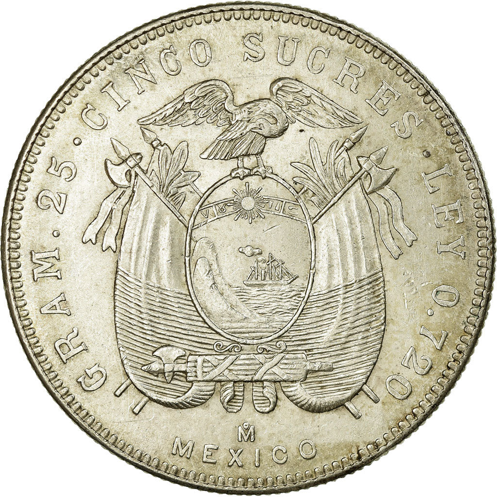 Coin, Ecuador, 5 Sucres, Cinco, 1944, Mexico City, Mexico, MS(60-62), Silver
