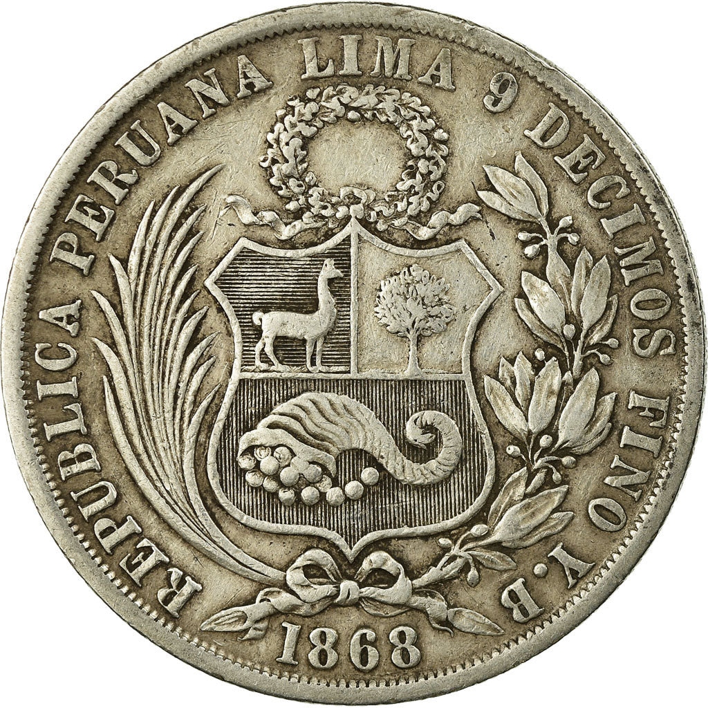 Moneda, Perú, SOUTH PERU, Sol, 1868, Lima, MBC, Plata, KM:196.3