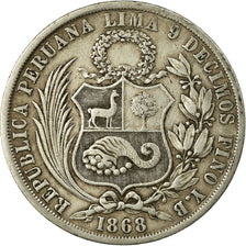 Moneda, Perú, SOUTH PERU, Sol, 1868, Lima, MBC, Plata, KM:196.3