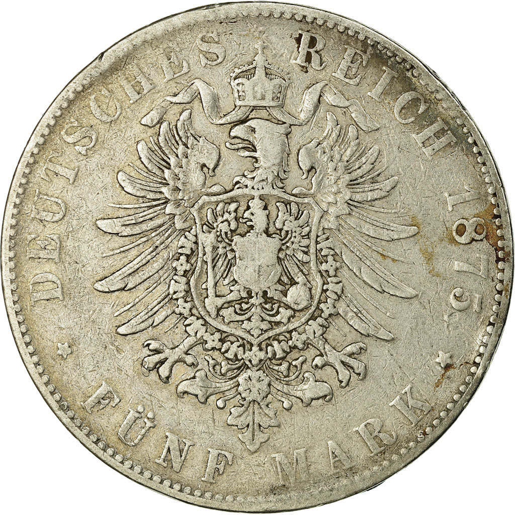 Coin, German States, BADEN, Friedrich I, 5 Mark, 1875, Stuttgart, VF(20-25)