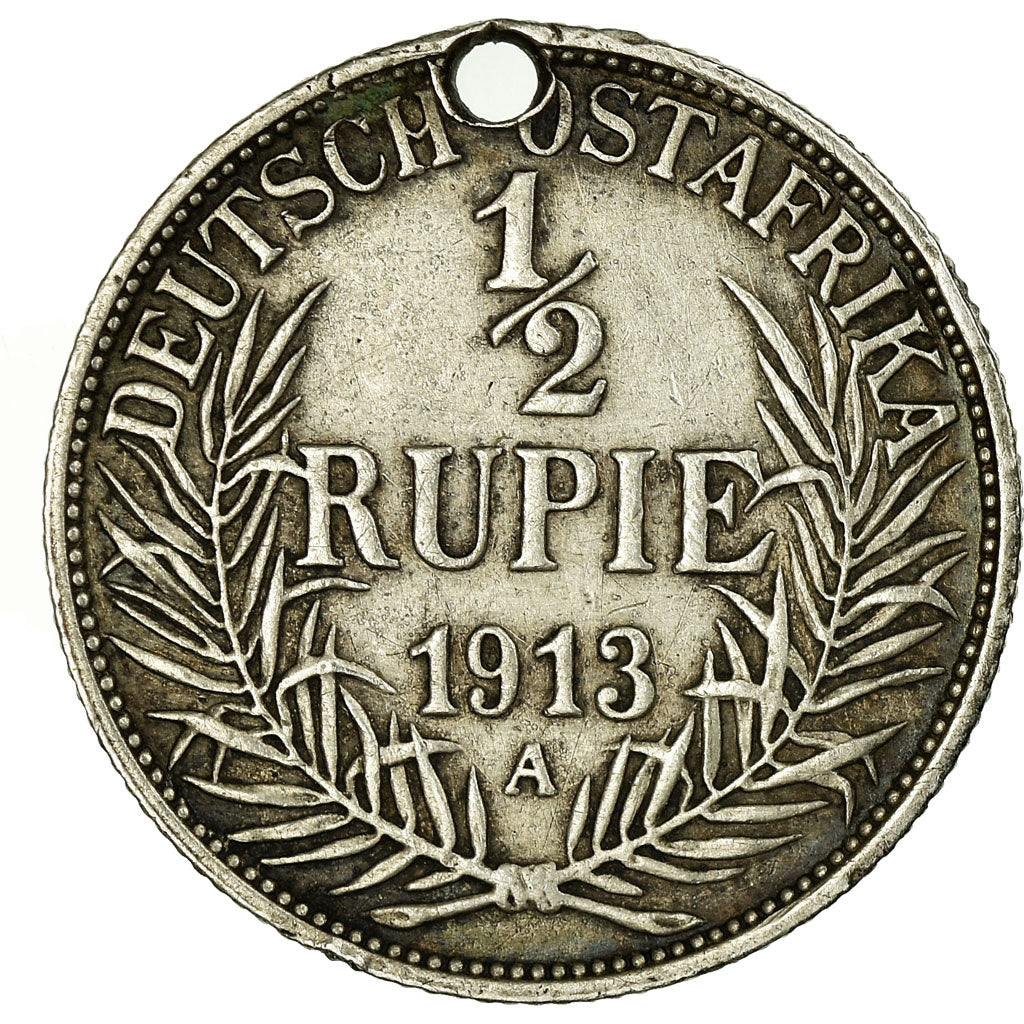 Coin, GERMAN EAST AFRICA, Wihelm II, 1/2 Rupie, 1913, Berlin, VF(20-25), Silver