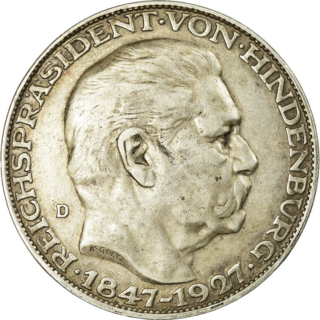 Coin, GERMANY, WEIMAR REPUBLIC, 5 Mark, 1927, Munich, EF(40-45), Silver, KM:1