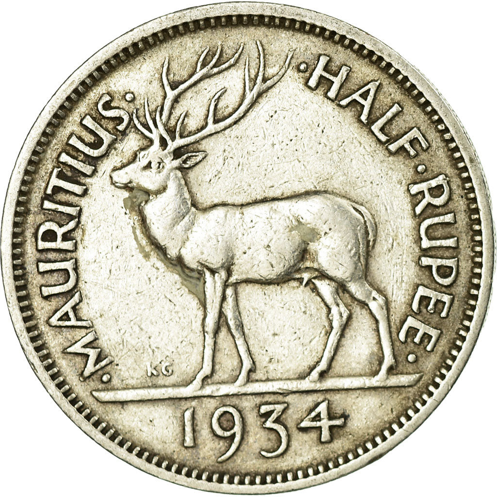 Coin, Mauritius, George V, 1/2 Rupee, 1934, EF(40-45), Silver, KM:16