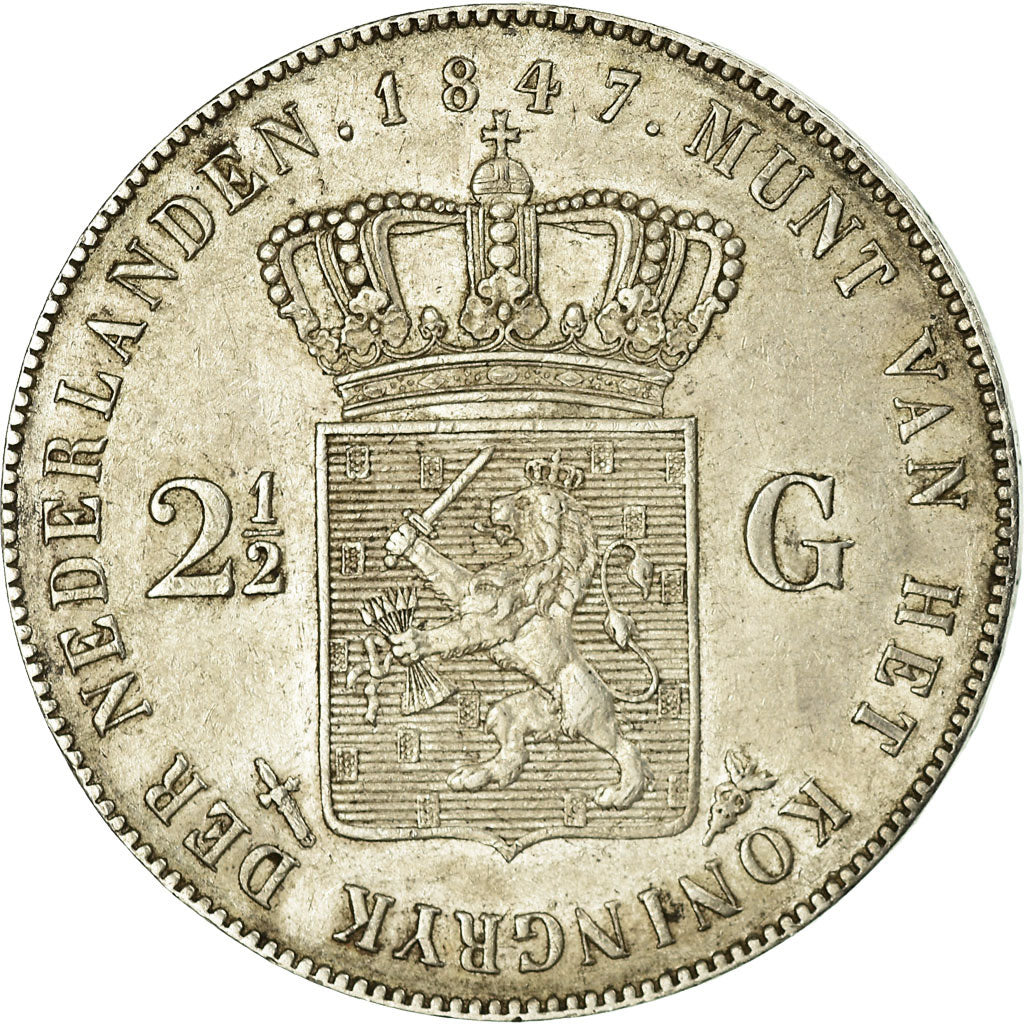 Coin, Netherlands, William II, 2-1/2 Gulden, 1847, AU(50-53), Silver, KM:69.2