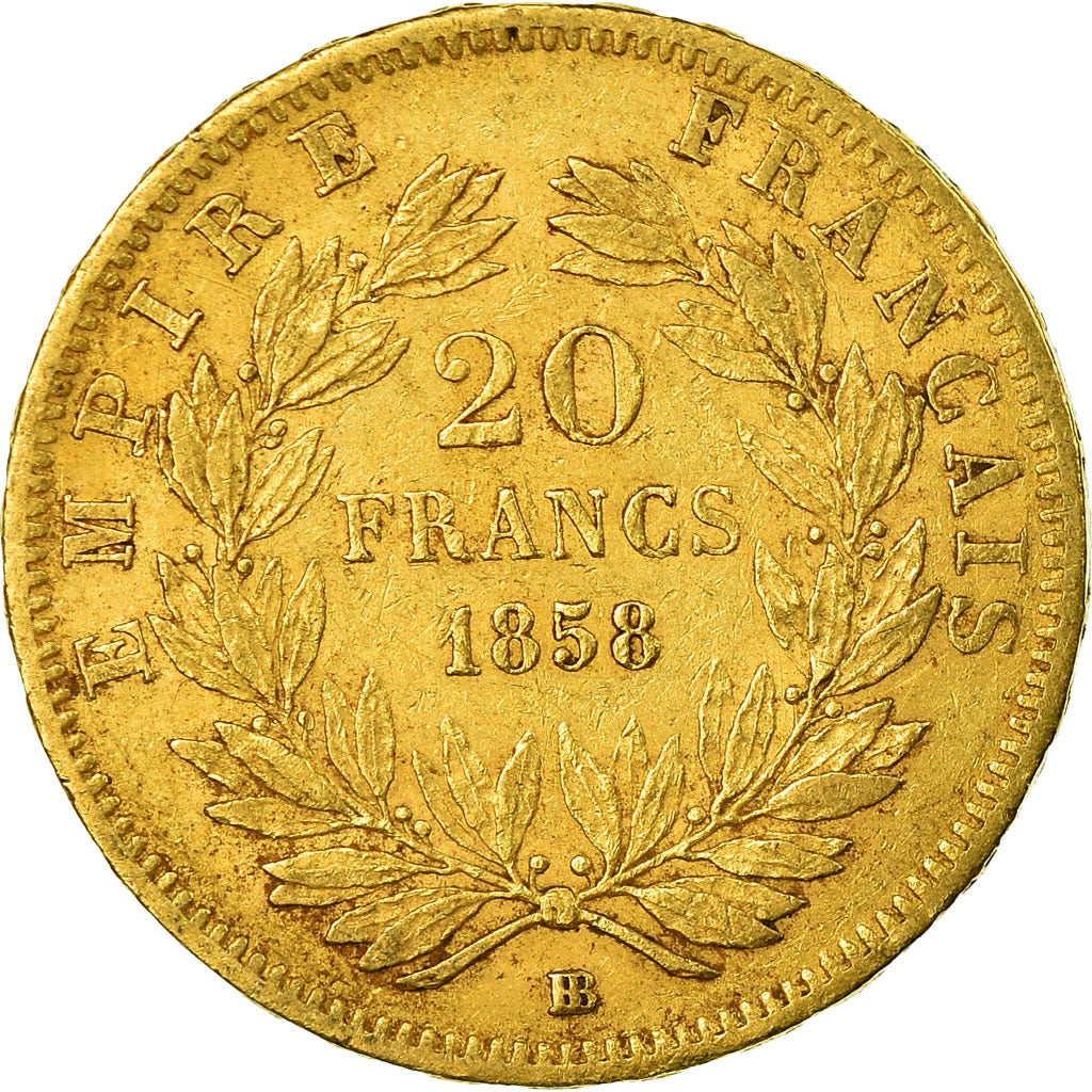 France, Napoleon III, 20 Francs, 1858, Strasbourg, EF(40-45), Gold, KM:781.2