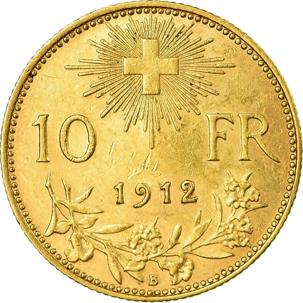 Coin, Switzerland, 10 Francs, 1912, Bern, AU(55-58), Gold, KM:36