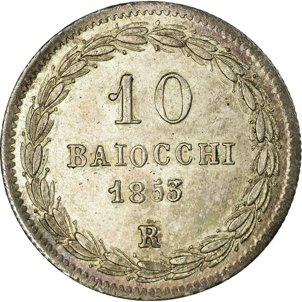 Munten, Italiaanse staten, PAPAL STATES, Pius IX, 10 Baiocchi, 1853, Roma, PR