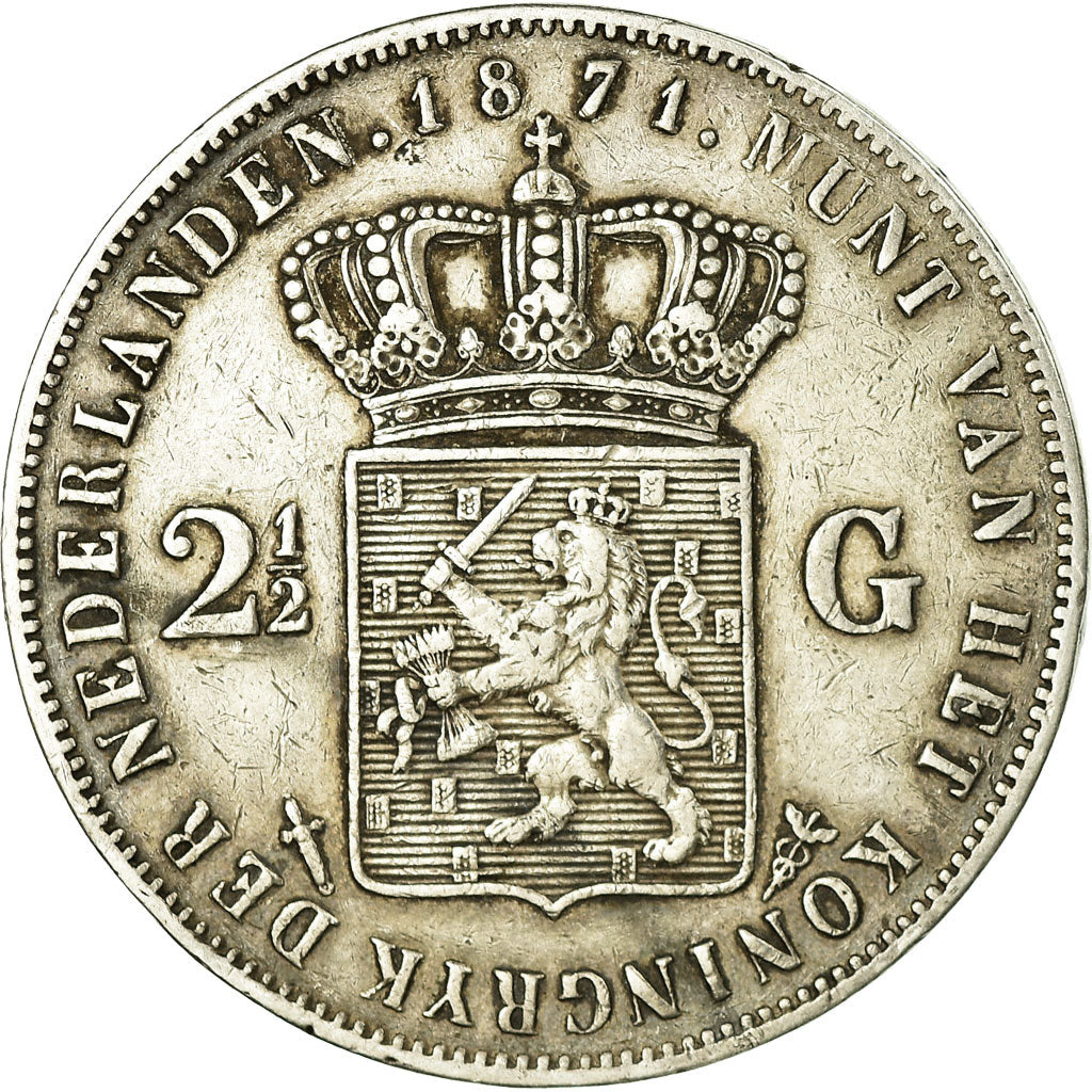 Coin, Netherlands, William III, 2-1/2 Gulden, 1871, EF(40-45), Silver, KM:82