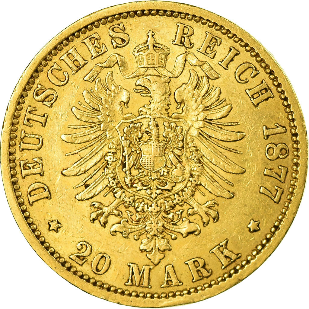 Moneda, Estados alemanes, HAMBURG, 20 Mark, 1877, Hamburg, MBC+, Oro, KM:602