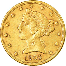 Moneta, USA, Coronet Head, $5, Half Eagle, 1905, U.S. Mint, San Francisco