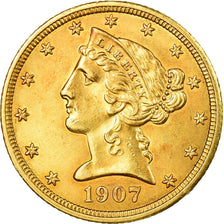 Moneta, USA, Coronet Head, $5, Half Eagle, 1907, U.S. Mint, Philadelphia