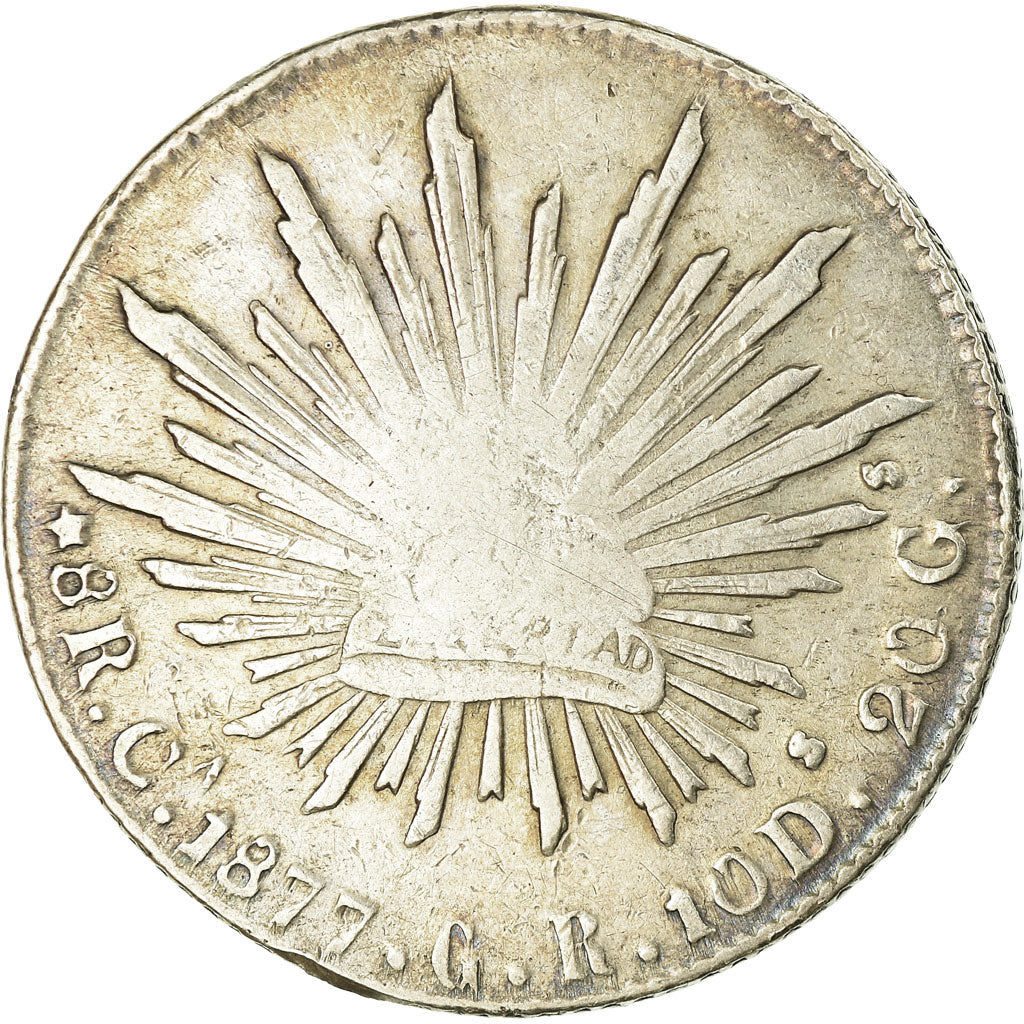 Moneda, México, 8 Reales, 1877, Chihuahua, BC+, Plata, KM:377.2
