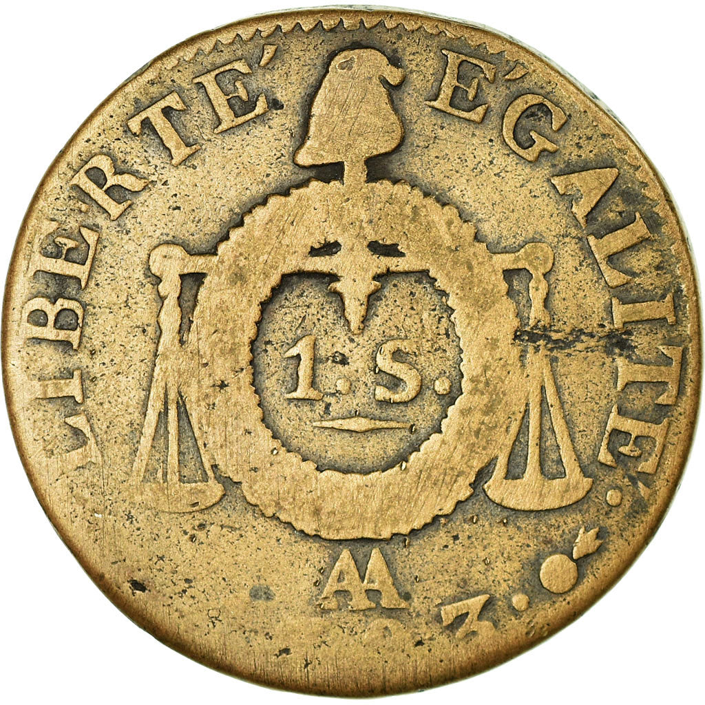 Moeda, França, Sol aux balances françoise, Sol, 1793, Metz, VF(20-25), Bronze