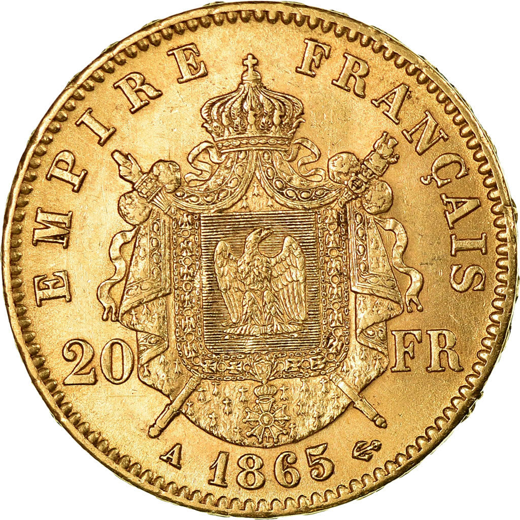 Munten, Frankrijk, Napoleon III, 20 Francs, 1865, Paris, PR+, Goud, KM:801.1