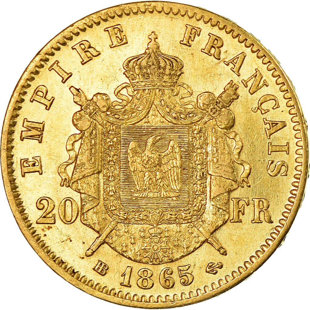 Moeda, França, Napoleon III, 20 Francs, 1865, Strasbourg, AU(55-58), Dourado