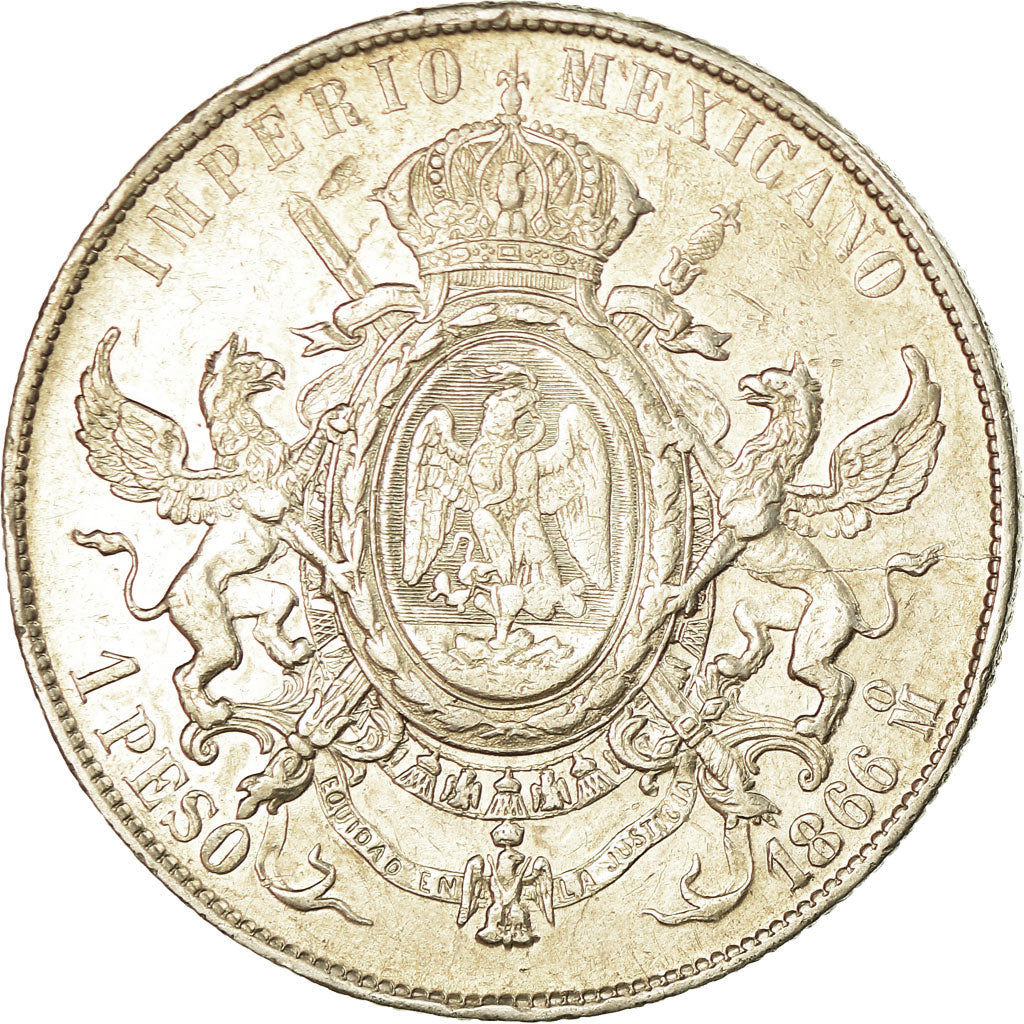 Coin, Mexico, Maximilian, Peso, 1866, Mexico City, EF(40-45), Silver, KM:388.1