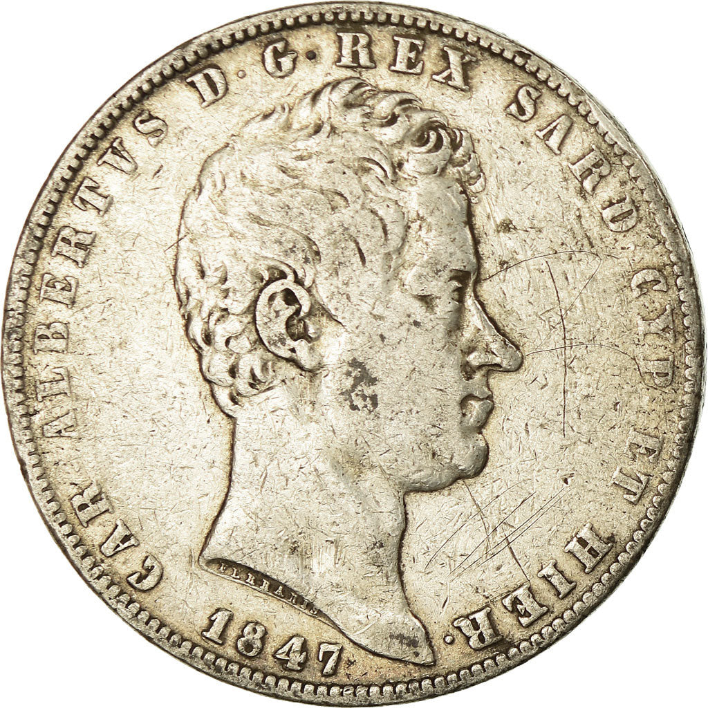 Moeda, ESTADOS ITALIANOS, SARDINIA, Carlo Alberto, 5 Lire, 1847, Torino