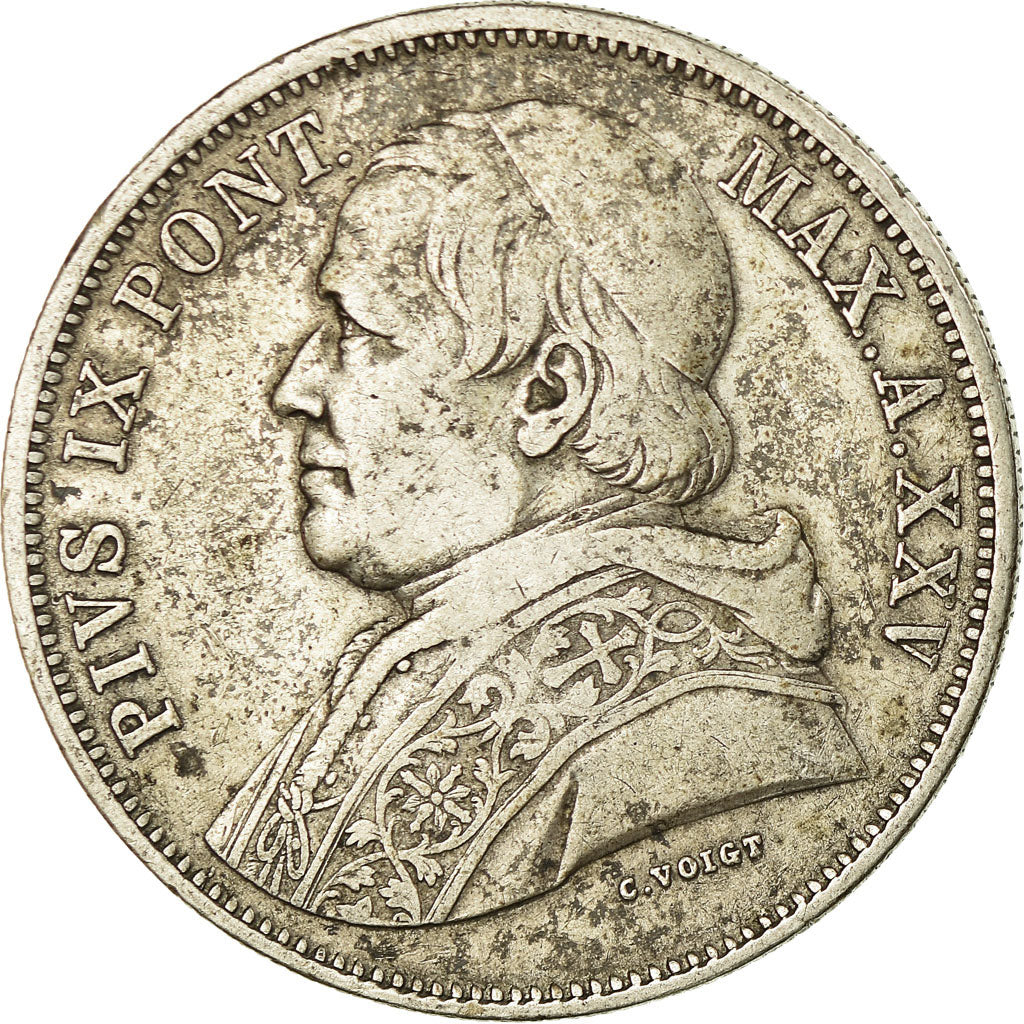 ITALIAN STATES, 5 Lire, 1870, Roma, KM #1385, EF(40-45), Silver, 24.92
