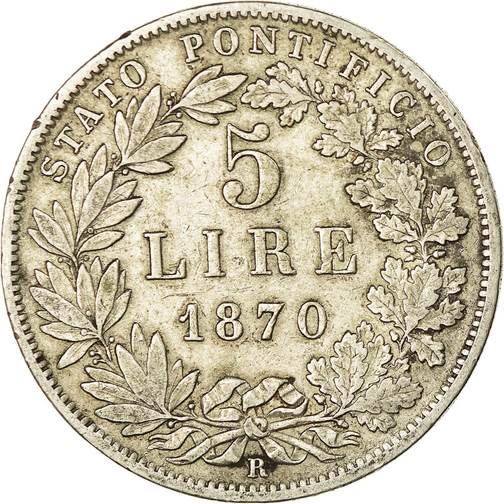ITALIAN STATES, 5 Lire, 1870, Roma, KM #1385, EF(40-45), Silver, 24.92