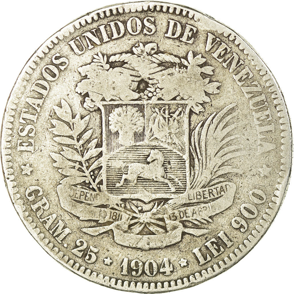 Moneta, Venezuela, Gram 25, 5 Bolivares, 1904, MB, Argento, KM:24.2