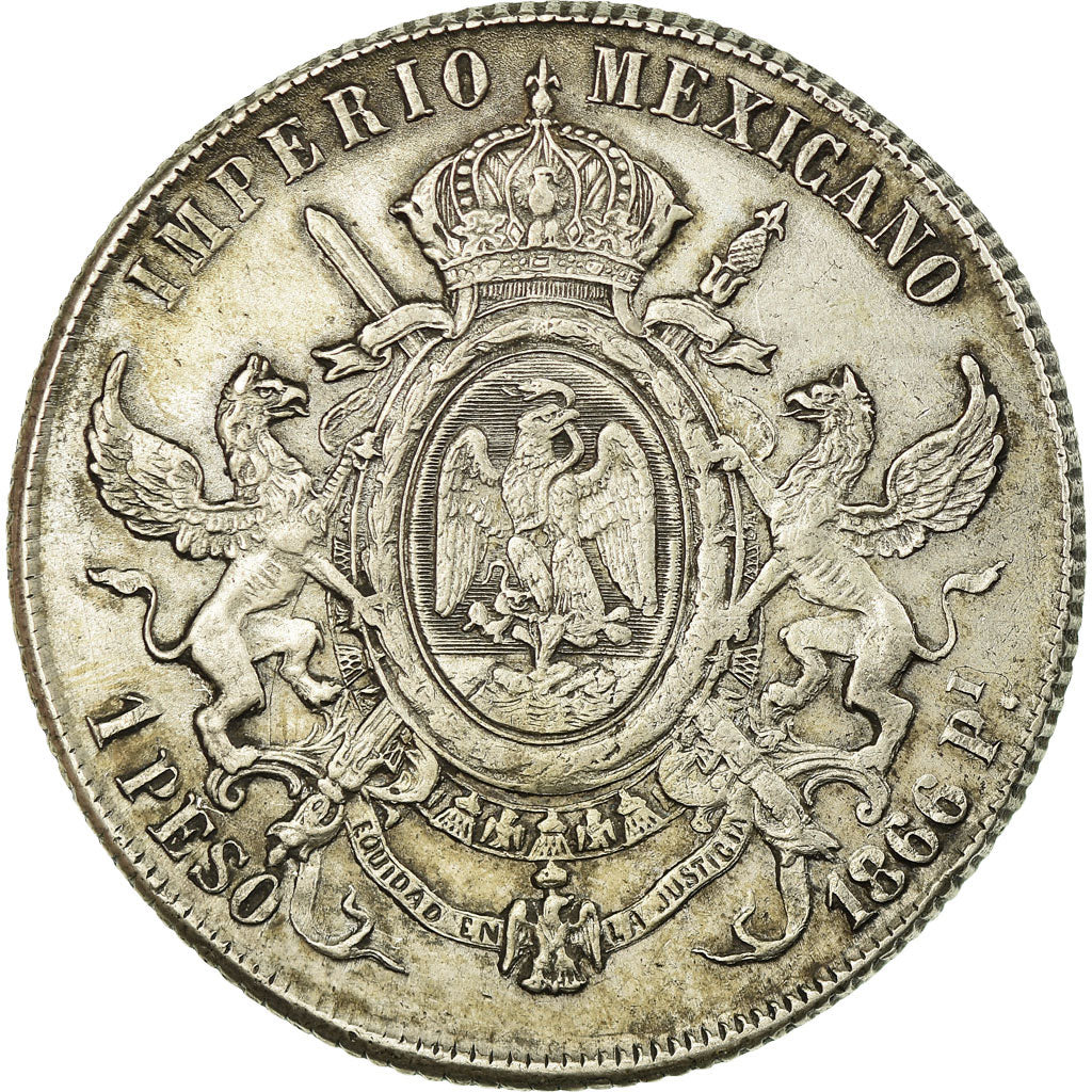 Coin, Mexico, Maximilian, Peso, 1866, Mexico City, EF(40-45), Silver, KM:388.1