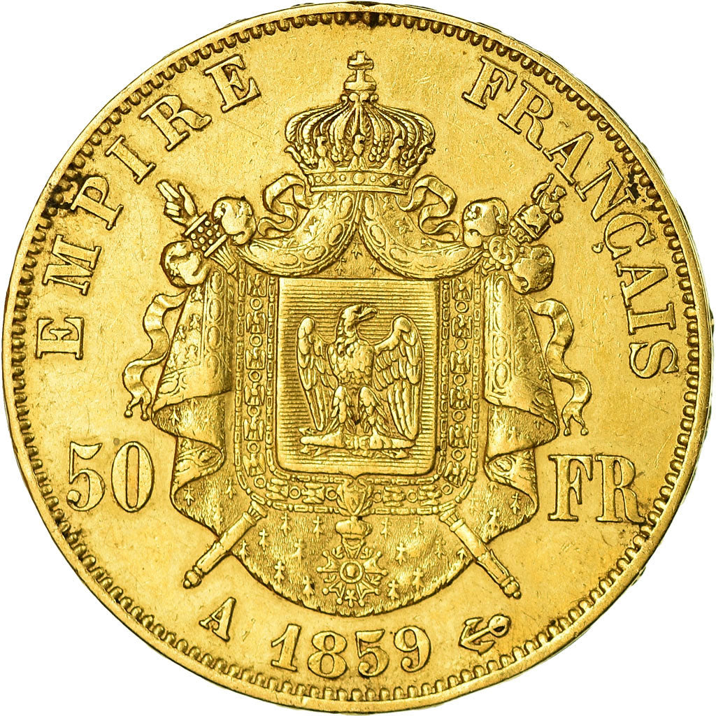 Moneda, Francia, Napoleon III, Napoléon III, 50 Francs, 1859, Paris, MBC, Oro
